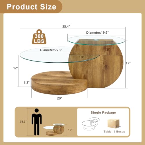 JCXINMZILY 35 Inch Glass Coffee Table,Round Coffee Table with 2-Tier Tempered Glass Tabletop,Easy to Clean Circle Coffee Table with Sturdy Base for Living Room,Office (Brown Colored Base)