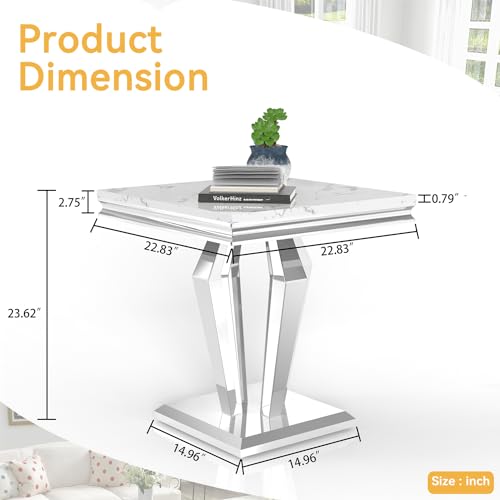 Marble End Table for Living Room, 22.8" Modern Suqare Sofa Side Table with Silver Stainless Steel Base, White Faux Marble Nightstand Bedside Table Corner Table for Bedroom, Home Office