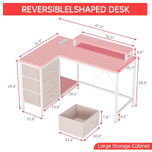 L Shaped Computer Desk with Power Outlets LED Lights Drawers Shelves Corner Gaming Desk Home Office Workstation Modern Ergonomic Design