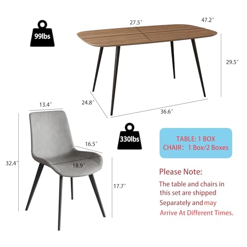 HIPIHOM 47.2'' Dining Table Set for 4,Modern Wood Dining Table,Leather Dining Chairs 4,Table and Chairs Set of 4,Ideal for Kitchen Dining Room (Walnut Color Table + 4 Gray Chairs, 47.2")