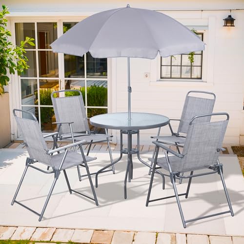 Shintenchi 6 Piece Patio Dining Set with Umbrella, Outdoor Furniture Set with 4 Folding Chairs and Tempered Glass Top Dining Table fot Lawn Backyard Garden Porch Silver