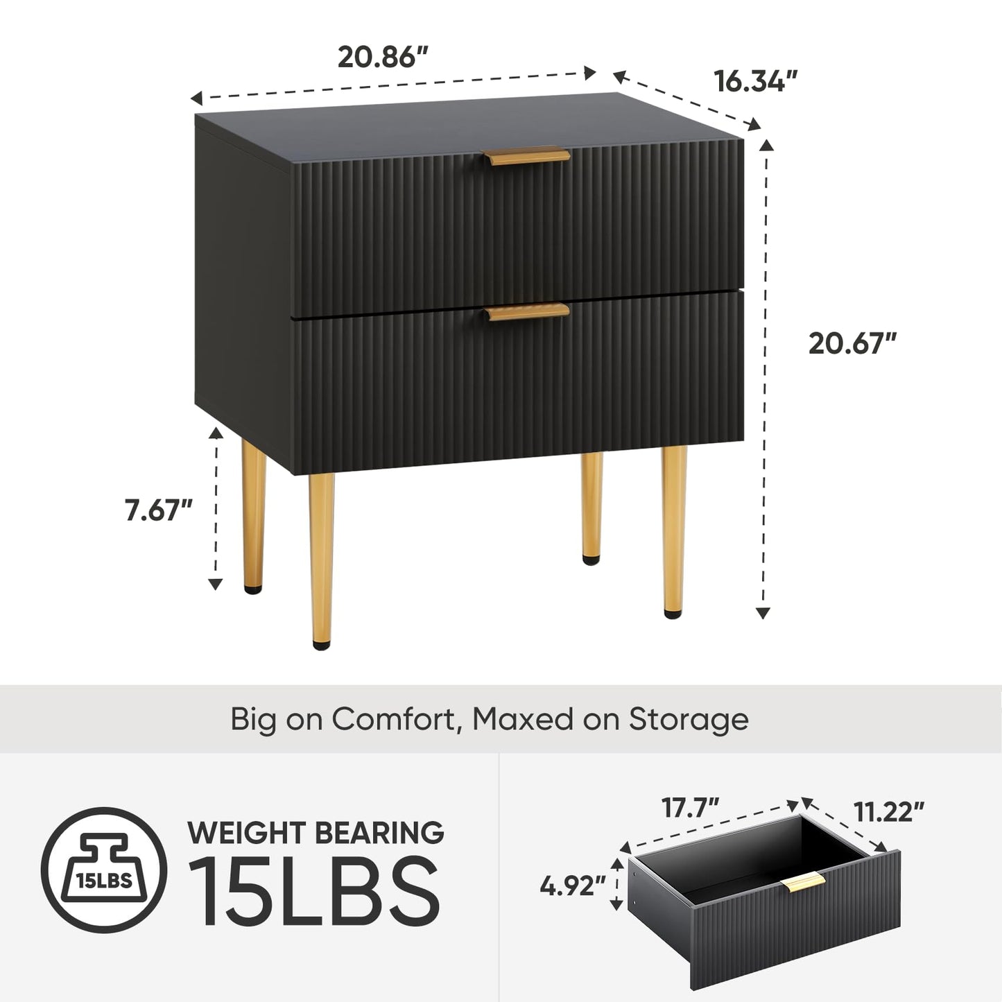 Night Stand, Black and Gold Nightstand with Fluted Panel, Bedside Table with 2 Drawer, Large Mid Century Modern Nightstand with Gold Leg, End Tables for Bedroom