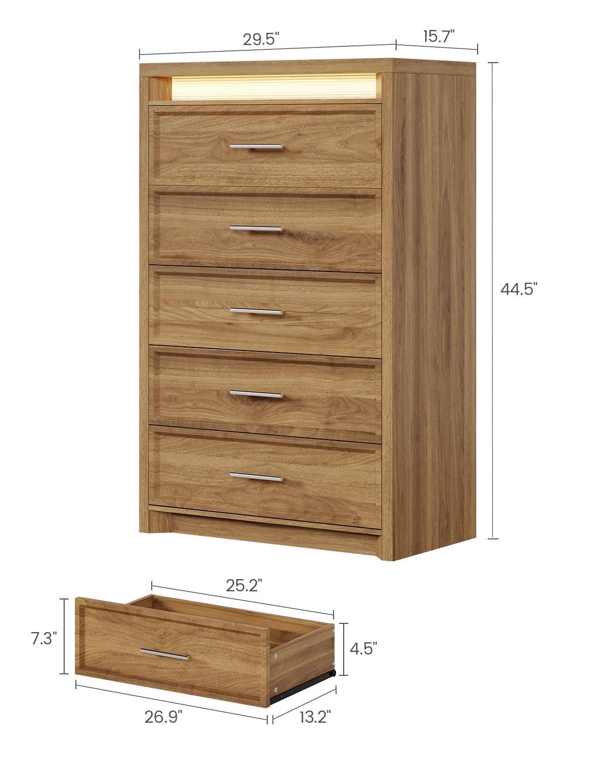 AOGLLATI Mid-Century Modern Dresser for Bedroom with 5 Drawer, Dressers& Chests of Drawers, 44.5” Tall Wood Dresser with 3 Color Lights for Bedroom, Wood
