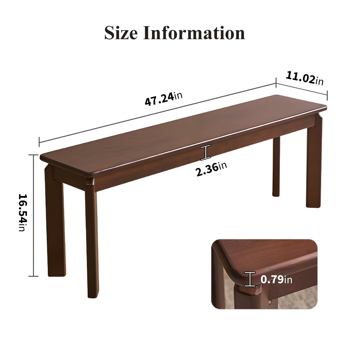 Cttasty Dining Bench, Solid Wood Bench with Wide Seat, Mid Century Modern Bench, End of The Bed Bench, 47.2" L x 11" W x 16.5" H(Walnut)