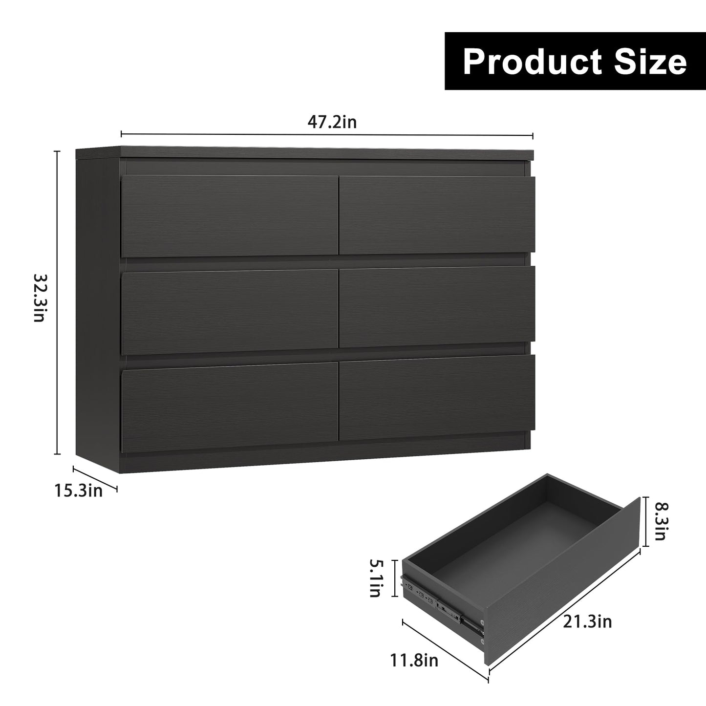Jocoevol Black 6 Drawer Dresser for Bedroom, 15.3" D x 47.2" W x 32.3" H in Simply Modern Chest of Drawers, Wood Storage Double Dresser with Deep Drawers for Living Room, Hallway Entryway, Black