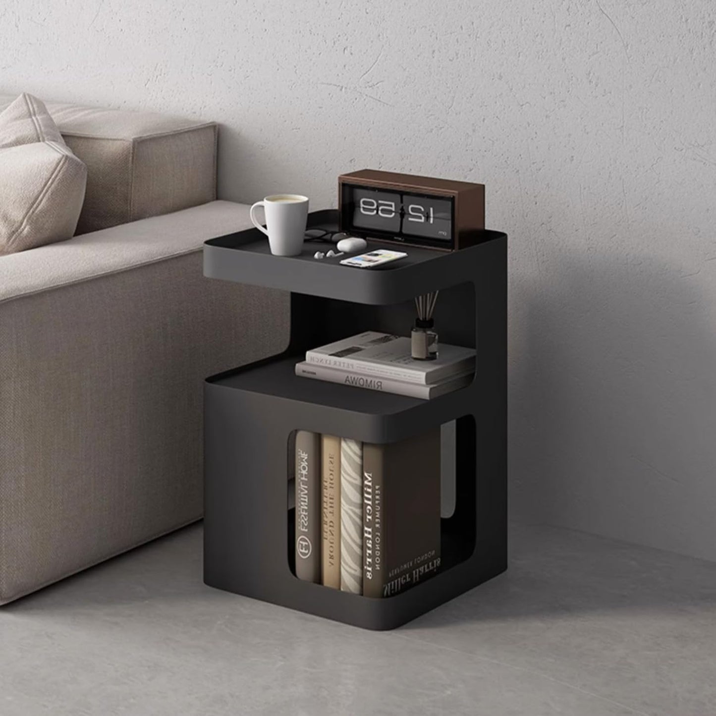 BUZUEY Side Table,Modern end Table,Metal Black nightstand,Bedside Table,3-Tier Accent Table with Storage for Bedroom,Living Room,Small Space,Couch.No Assembly Required