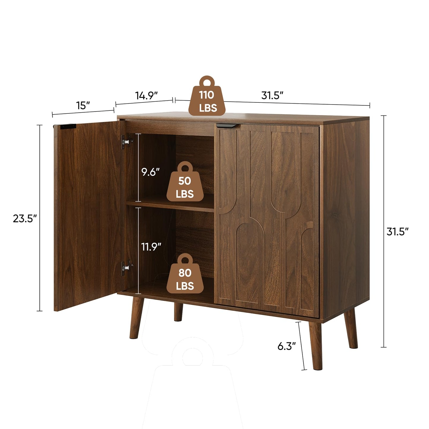 Smart FENDEE Sideboard Buffet Cabinet, Accent Storage Cabinet with U-Shaped Fluted Doors, Farmhouse Wood Cabinet for Kitchen, Living Room, Entryway, Walnut
