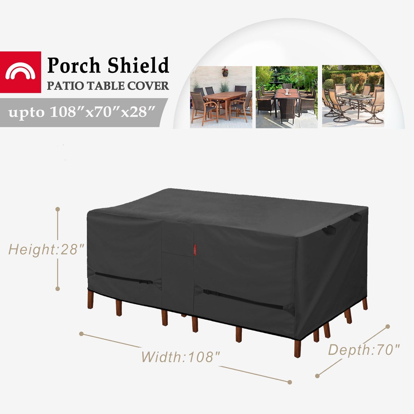 Porch Shield Patio Table Cover - Waterproof Outdoor Dining Table and Chairs Furniture Set Cover Rectangular - 108 x 70 inch, Black