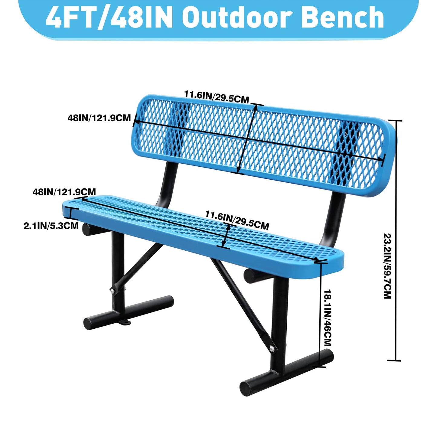 Heavy Duty Metal Park Bench for Outside, Outdoor Garden Benches with Backrest & Portable Frame, Expanded Metal Mesh Bench for Shopping Malls, Lawn, Park, Deck, Patio, Porch (Blue, 4FT/48INCH)