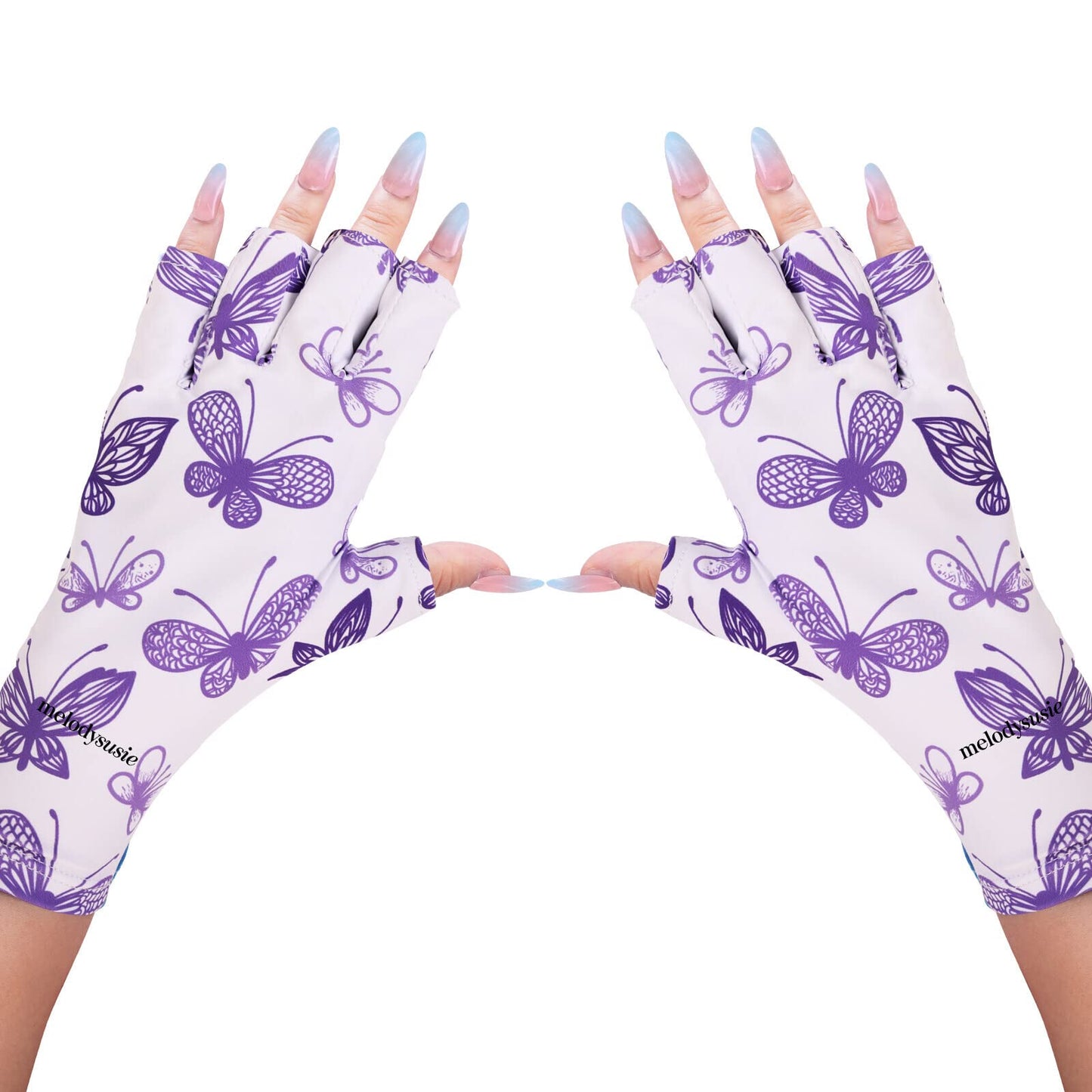 MelodySusie Anti UV Gloves for Gel Nail Lamp, Professional Protection Gloves for Manicures, Purple Butterfly UV Shield Gloves, Nail Art Skin Care Fingerless Glove Protect Hands, Home Outdoor Use