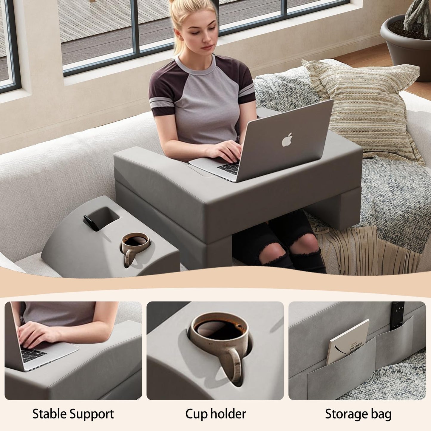 Nevsokio Extra Large Memory Foam Reading & Gaming Pillow with Adjustable Arm Rest, Lap Desk Pillow for Adults – Ergonomic Support for Working, Gaming, Reading in Bed, Couch, Floor (Grey)