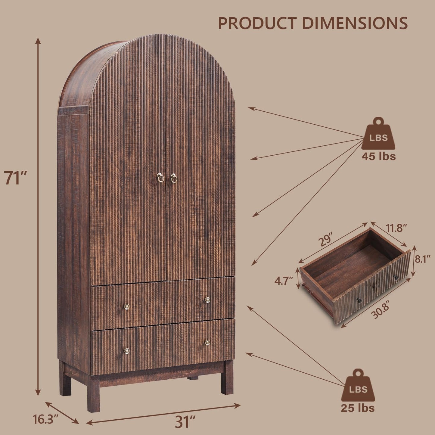 IFBUY 71" Tall Arched Bathroom Storage Cabinet, Modern Fluted Cabinet Storage with 4 Shlves and 2 Drawers, Floor Cabinet for Bathroom, Living Room, Kitchen, Brown