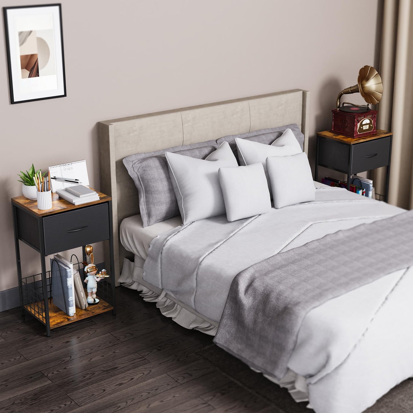 End Table Night Stand, Side Table Bedroom with Book Shelf & Storage Drawer, Night Stand with Fabric Bin for Bedroom, Corner Book Shelf for Home, Easy Assemble, Brown