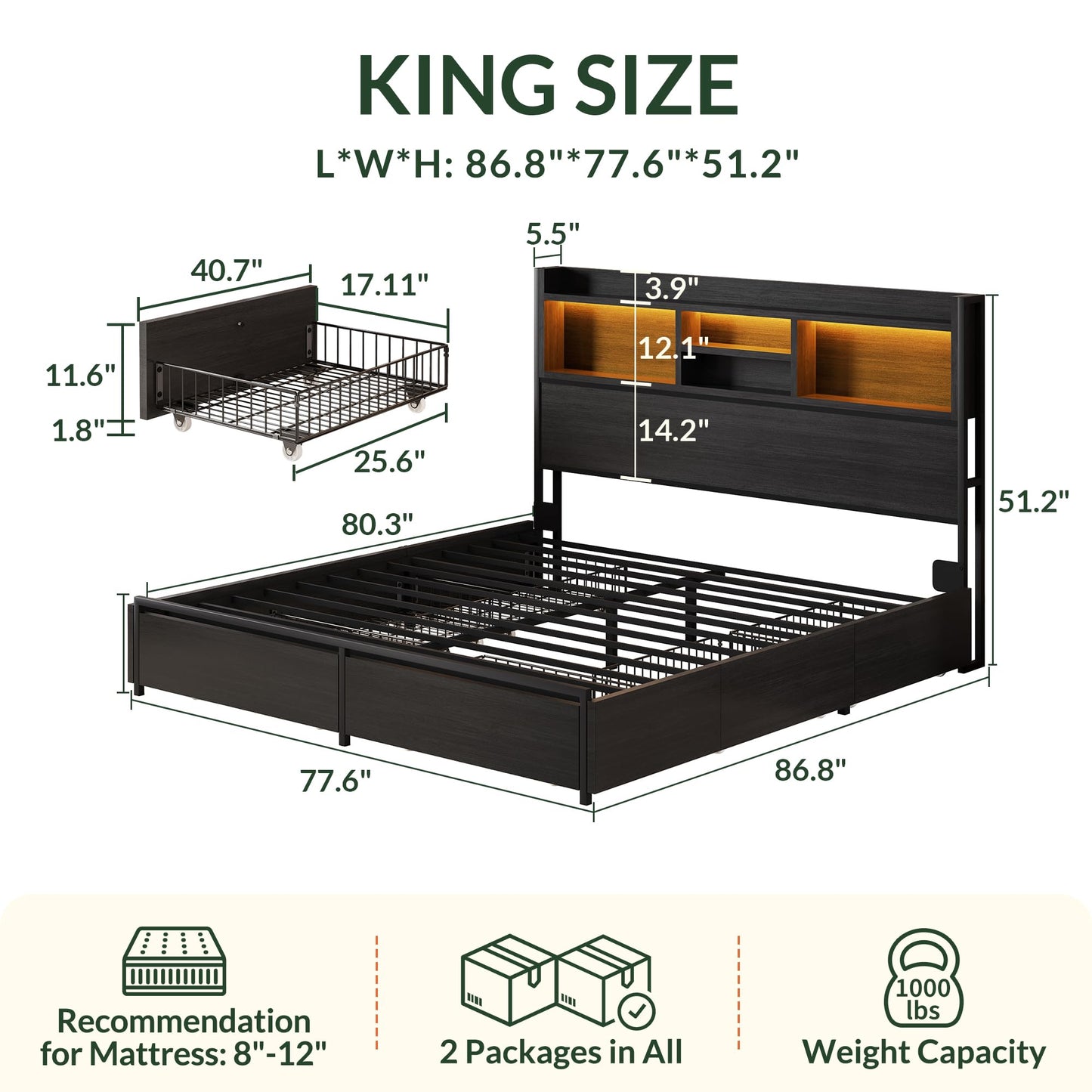 LARMACE King Size Bed Frame with 6 Storage Drawers and Headboard Wooden Platform Bed Frame with LED Lights and Charging Station Easy Assembly/No Box Spring Needed/Black