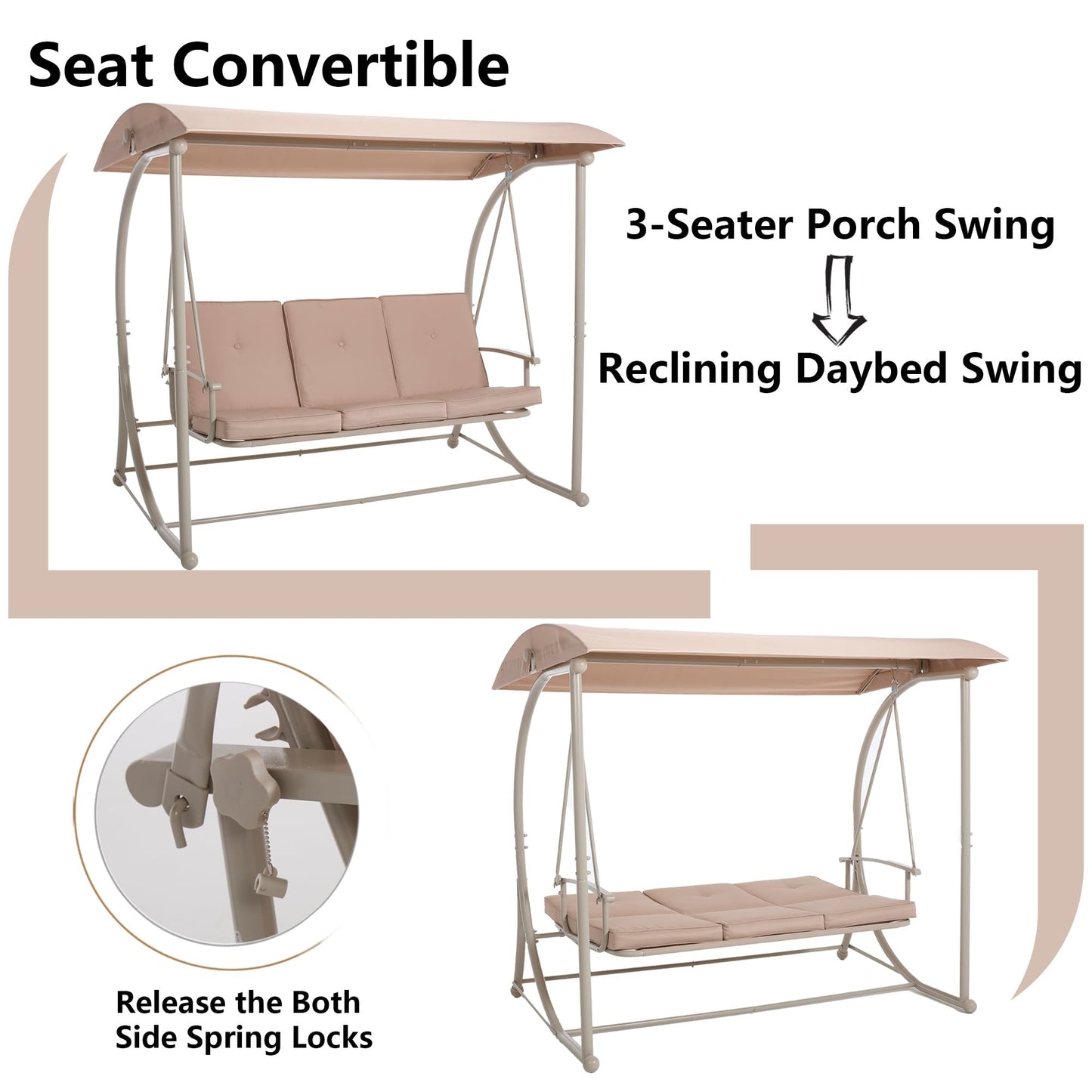 DAYARUS Modern Porch Swing with Stand, 3 Person Outdoor Patio Swings with Canopy, All Weather Backyard Swing for Adults, 2 in 1 Patio Swings Bed with Cushions, 600LBS Heavy Duty Outdoor Swing, Khaki