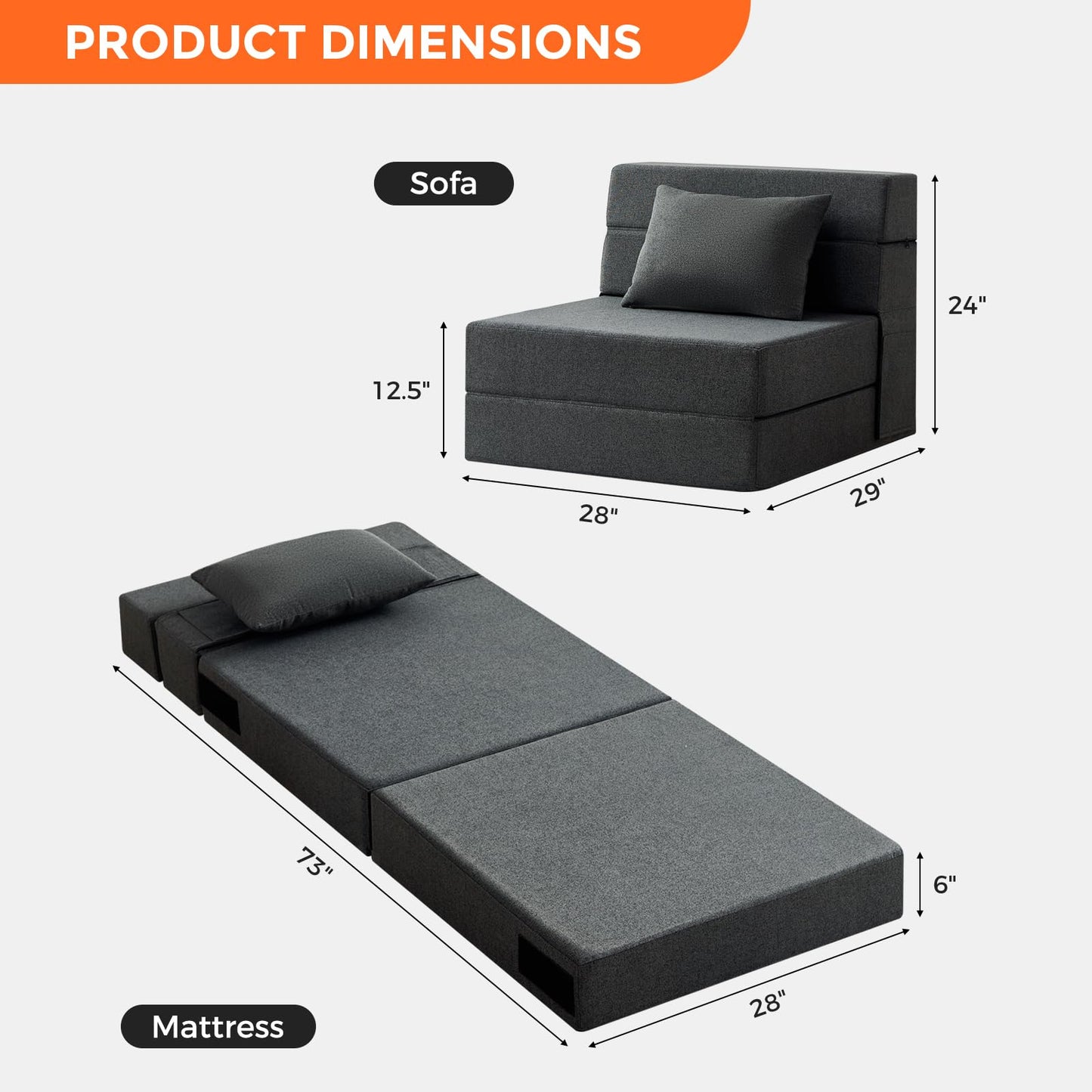 TKBRWU Folding Sofa Bed - Convertible Sleeper Chair with Pillow, Folding Chair Bed, Foam Floor Mattress, Futon Couch, Lazy Sofa for Living Room/Dorm/Guest Room/Home Office,Single,Gray