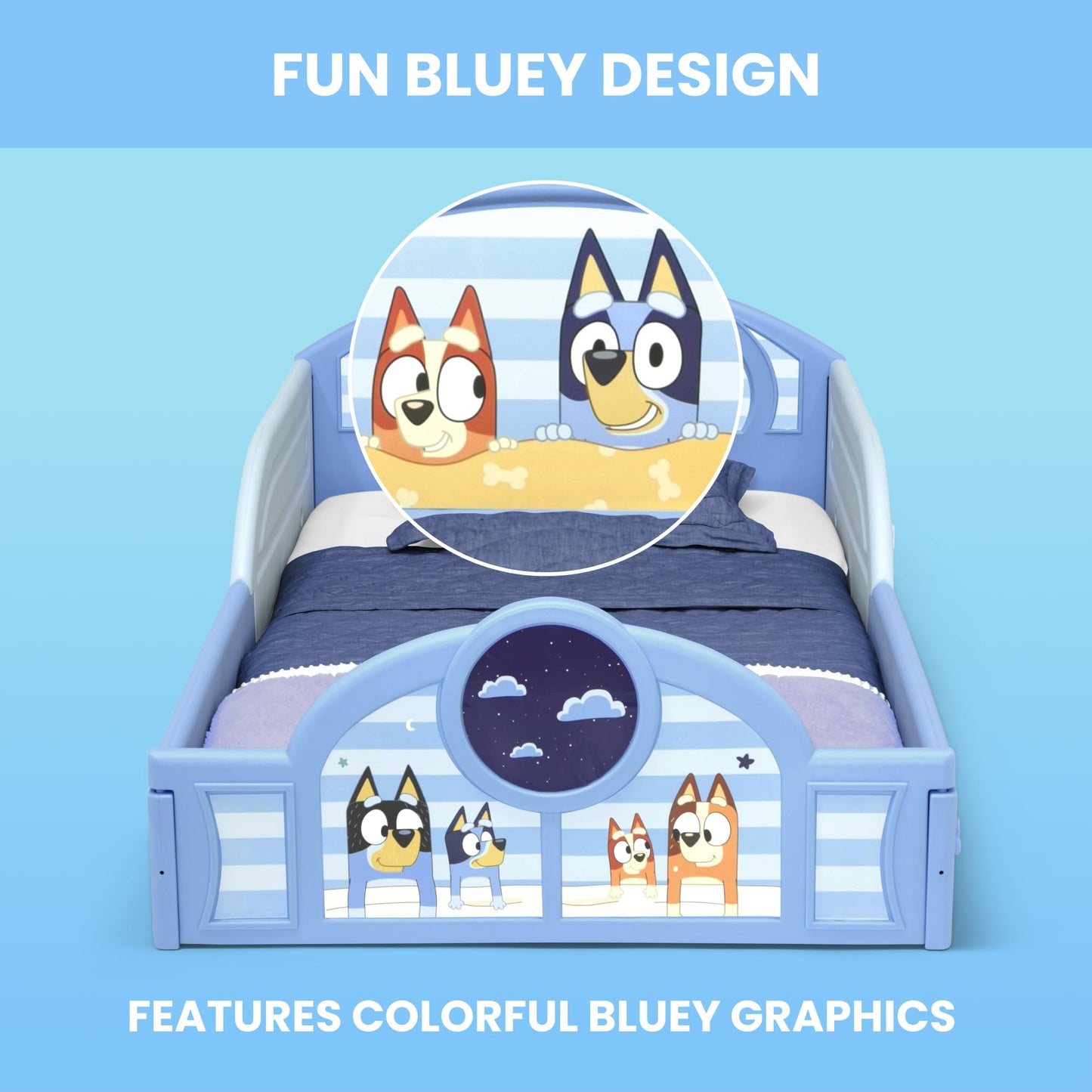 Delta Children - Bluey 4-Piece Toddler Room-in-a-Box Set – Includes Sleep and Play Toddler Bed, Table, 1 Chair and Fabric Toy Box, Blue