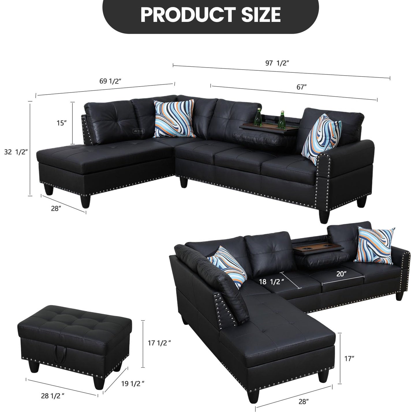 FONTOI L Shaped Sectional Couch with Cup Holders, 97" Sectional Sofa for Living Room Modular Couches with Otttoman for Bedroom, Apartments