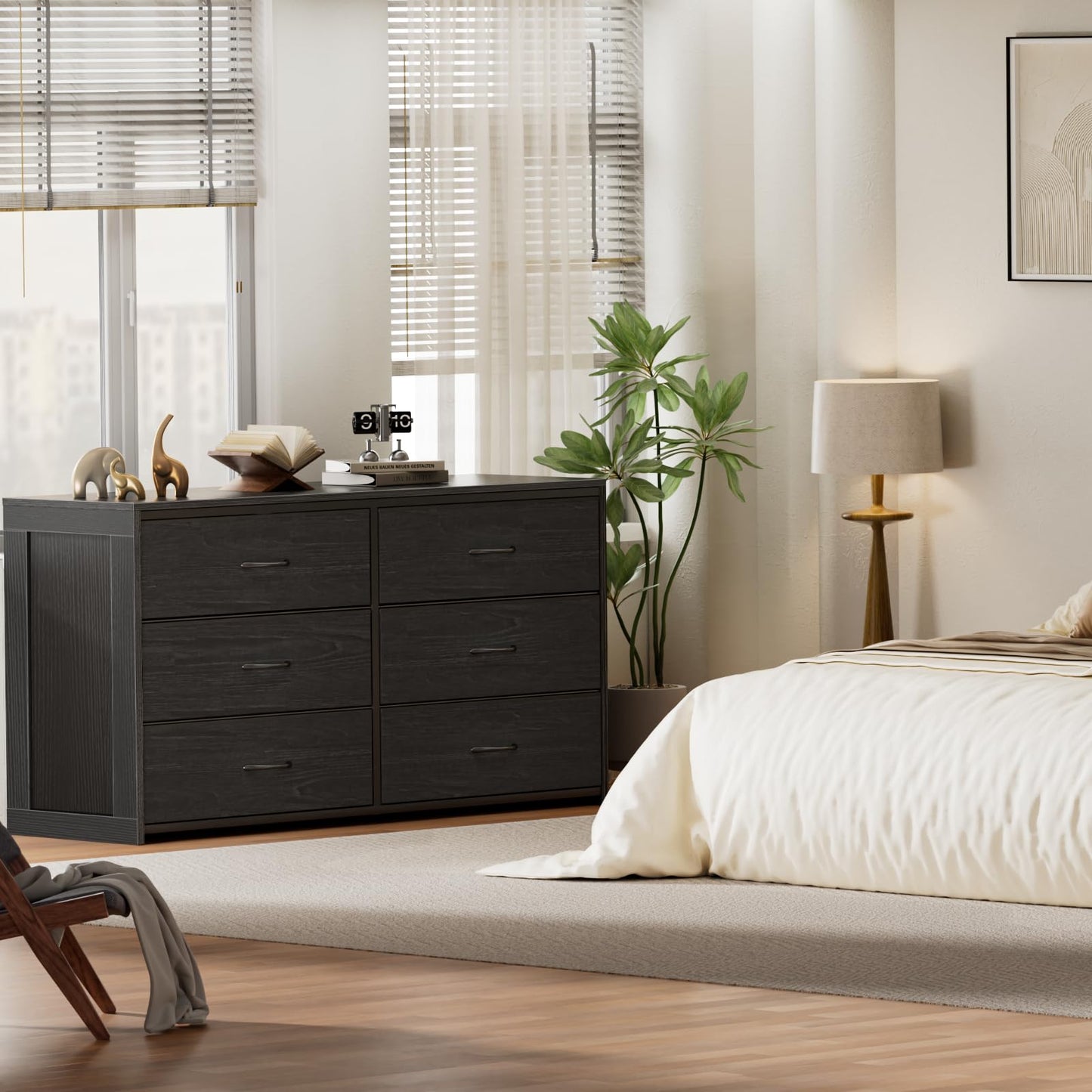 Black Dresser for Bedroom, 6 Drawer Dresser for Closet, TV Stand Entertainment Center for Living Room, Wooden Top and Side Large Fabric Drawer Storage Organizer, Chest of Drawer, Wide Furniture