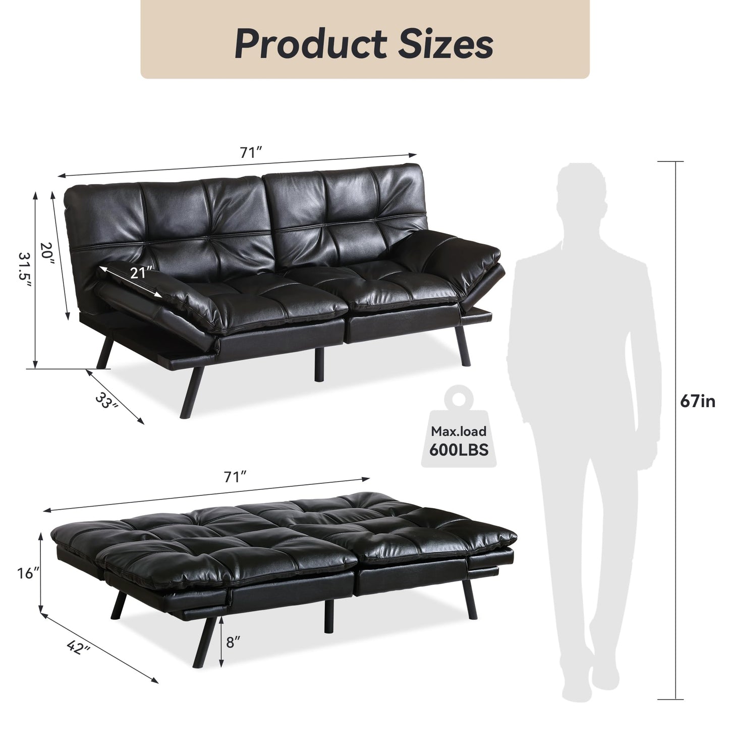 AMICLIBER 71" Convertible Futon Sofa Bed,Faux Leather Futon Couch Bed,Memory Foam Sleeper Sofa,Modern Folding Small Loveseat for Living Room,Office,Apartment,Bright Black