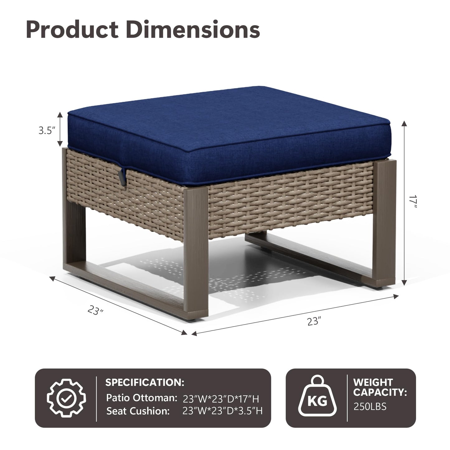 MaxMulti Patio Ottomans Set of 2, Outdoor Wicker Footrest with Thickened Cushions, Multipurpose Metal Patio Furniture for Outdoor, Backyard and Deck Use (Blue)