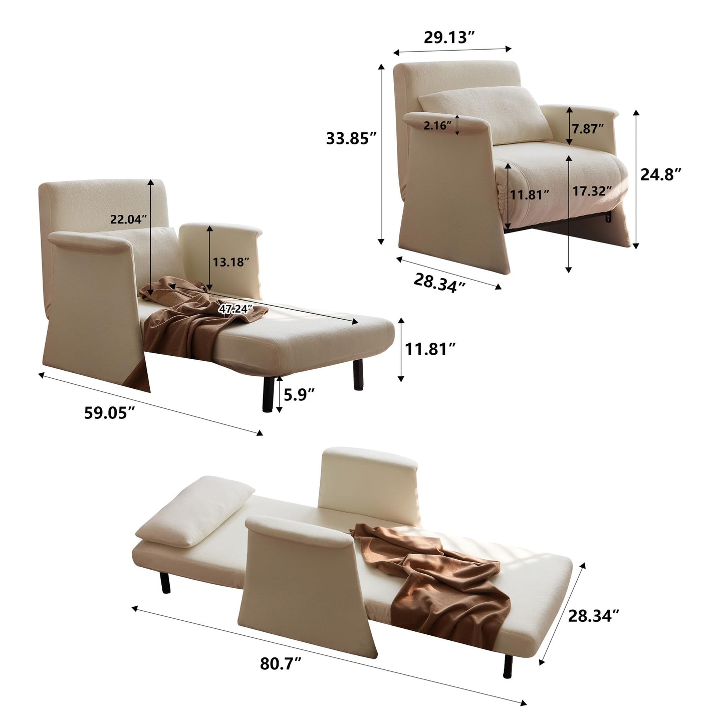 NessCarsti Modern Sofa Bed, 3-in-1 Multi-Functional Sleeper Chair Bed, Boucle Fabric Chair with Adjustable Backrest, for Living Room Bedroom Apartment Small Space, Cream White,29.13"
