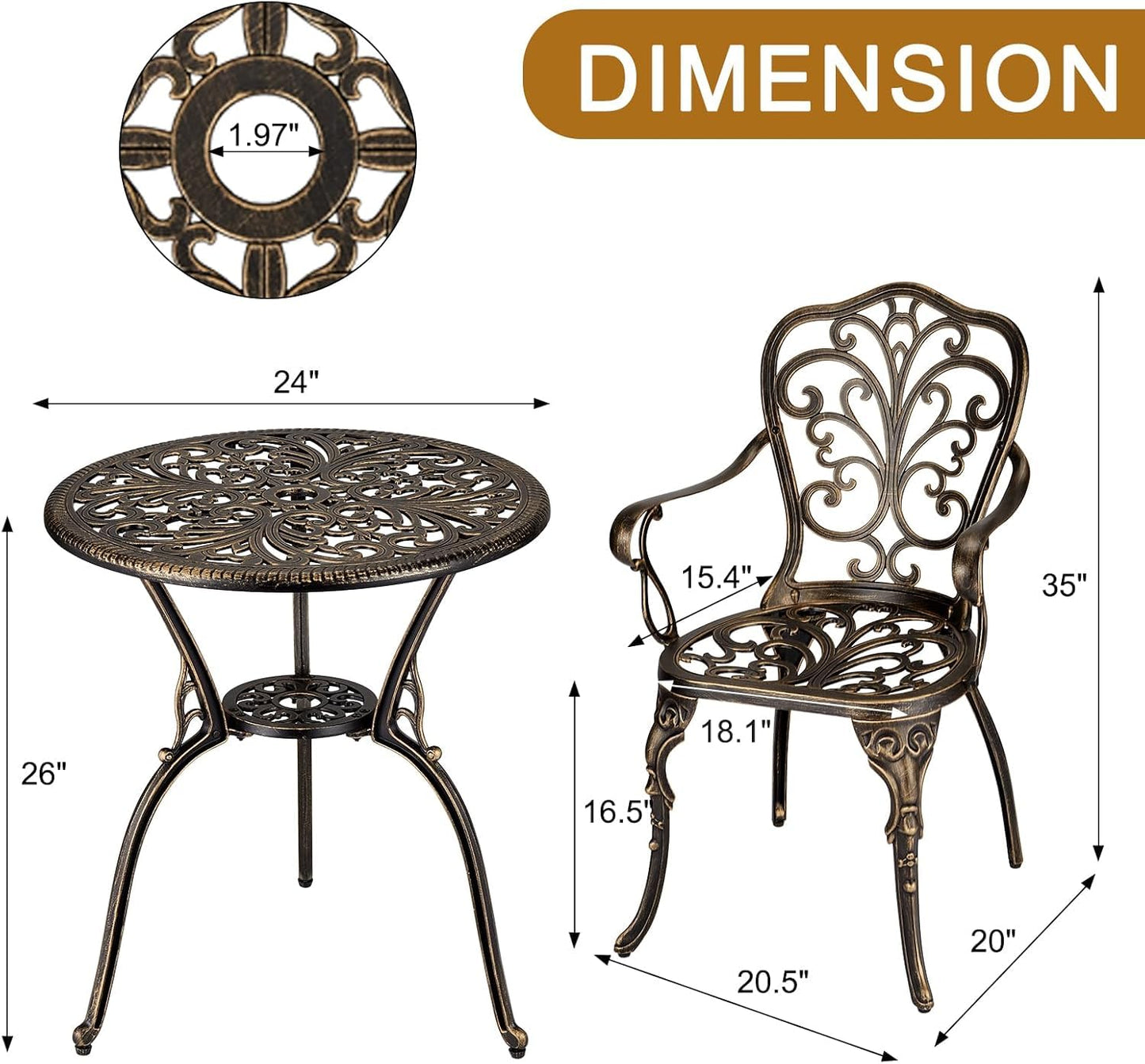 GarveeHome 3 Piece Outdoor Bistro Set, Cast Aluminum Patio Table and Chairs Set of 2 with Umbrella Hole, Rust-Resistant All Weather Balcony Furniture for Backyard, Porch, Bronze
