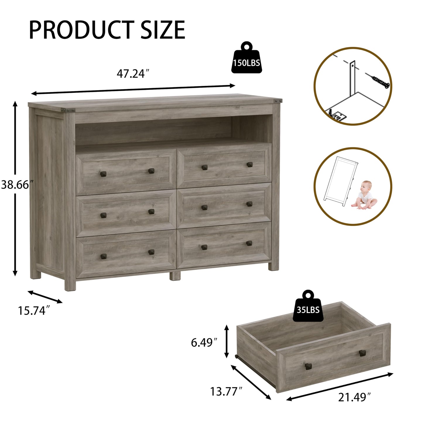 Dresser for Bedroom with 6 Drawers, Wide Chest of Drawers with LED Light and Power Outlet, Wooden Closet Organizer Clothes Storage Cabinet, Modern Double Dressers for Living Room, Hallway, Grey