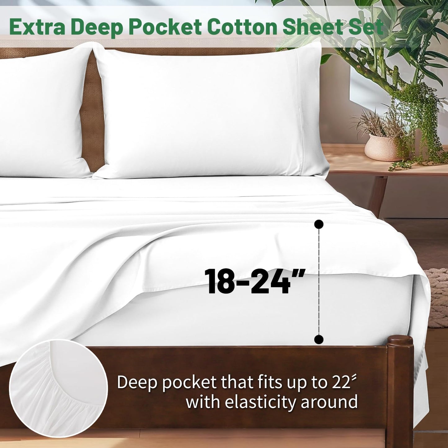 Overket Extra Deep Pocket Queen Sheets 18-24 Inch 1000 Thread Count 100% Egyptian Cotton Sateen Weave Soft Breathable 4 Pieces(Queen,White)