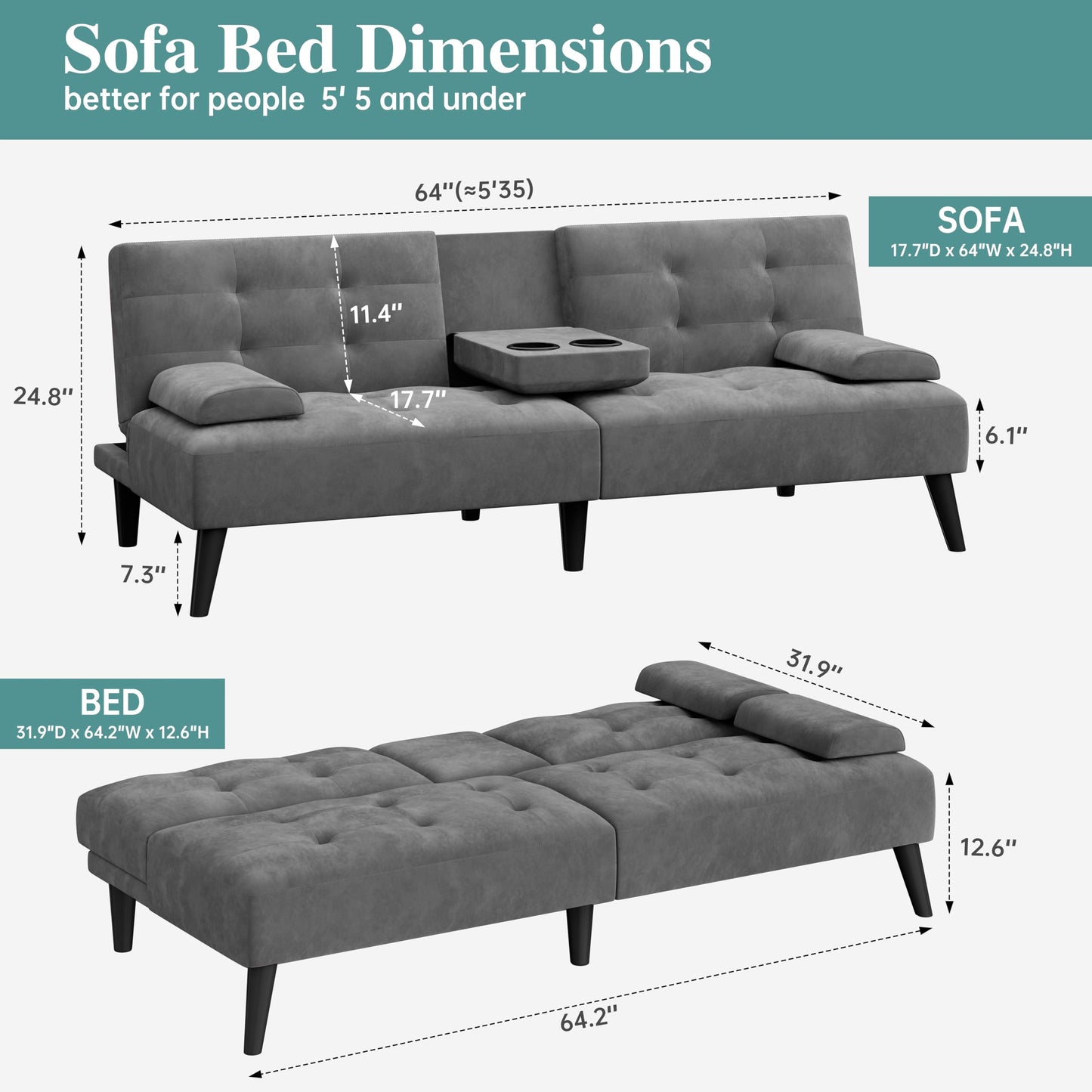 Meilocar Futon Sofa Bed Couch, Modern Convertible Sofa Couch, 64 in Adjustable Recliner Sofa Bed for Living Room, 2 Armrest Pillows, 2 Cup Holders, Dark Grey