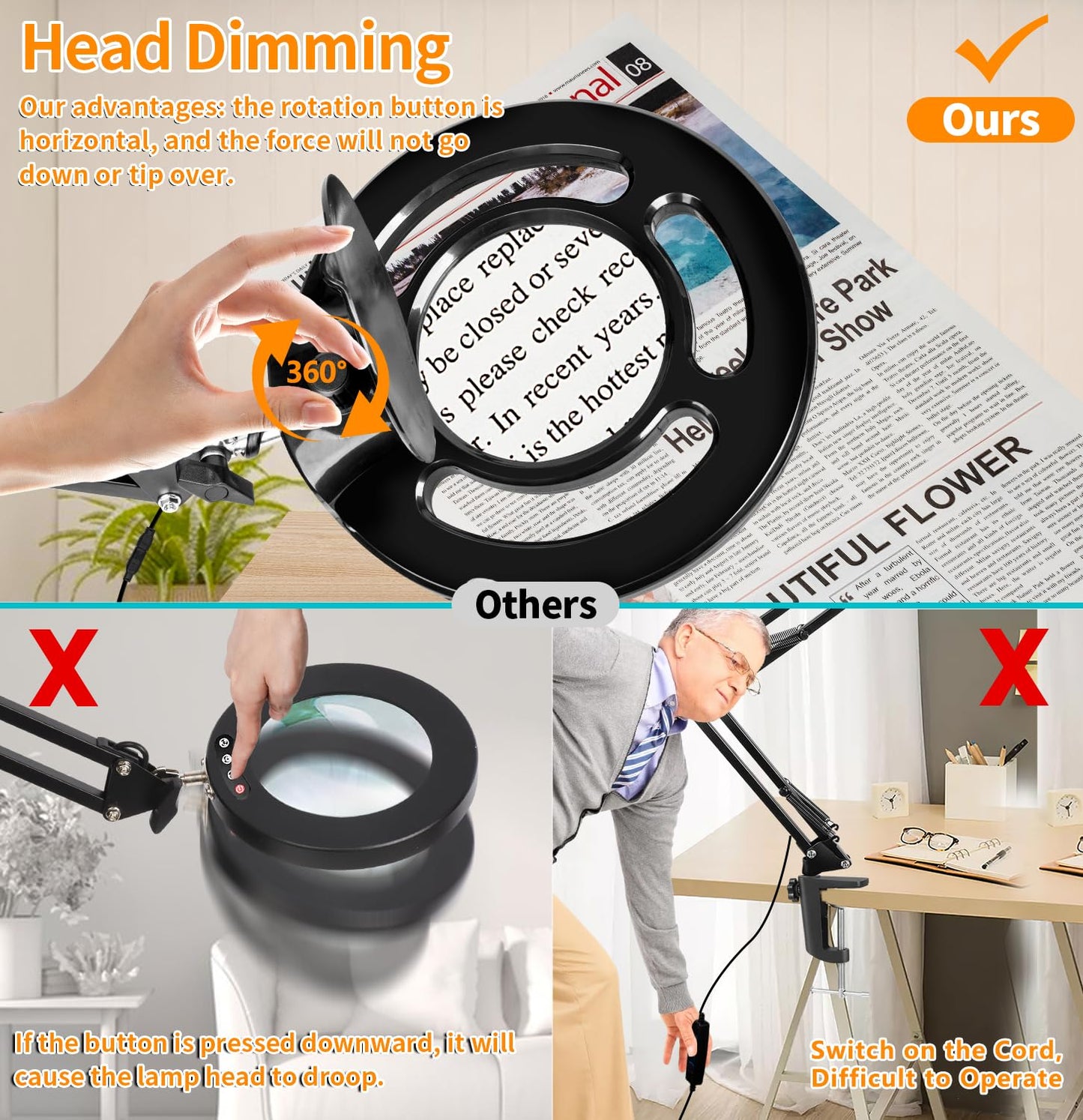 HITTI 10X Long Magnifying Glass with Light and Stand, 2200 Lumens Dimmable Bright LED Lighted Magnifier, Ajustable Swing Arm Magnifying Desk Lamp with Clamp, Hands Free for Hobby Repair Workbench