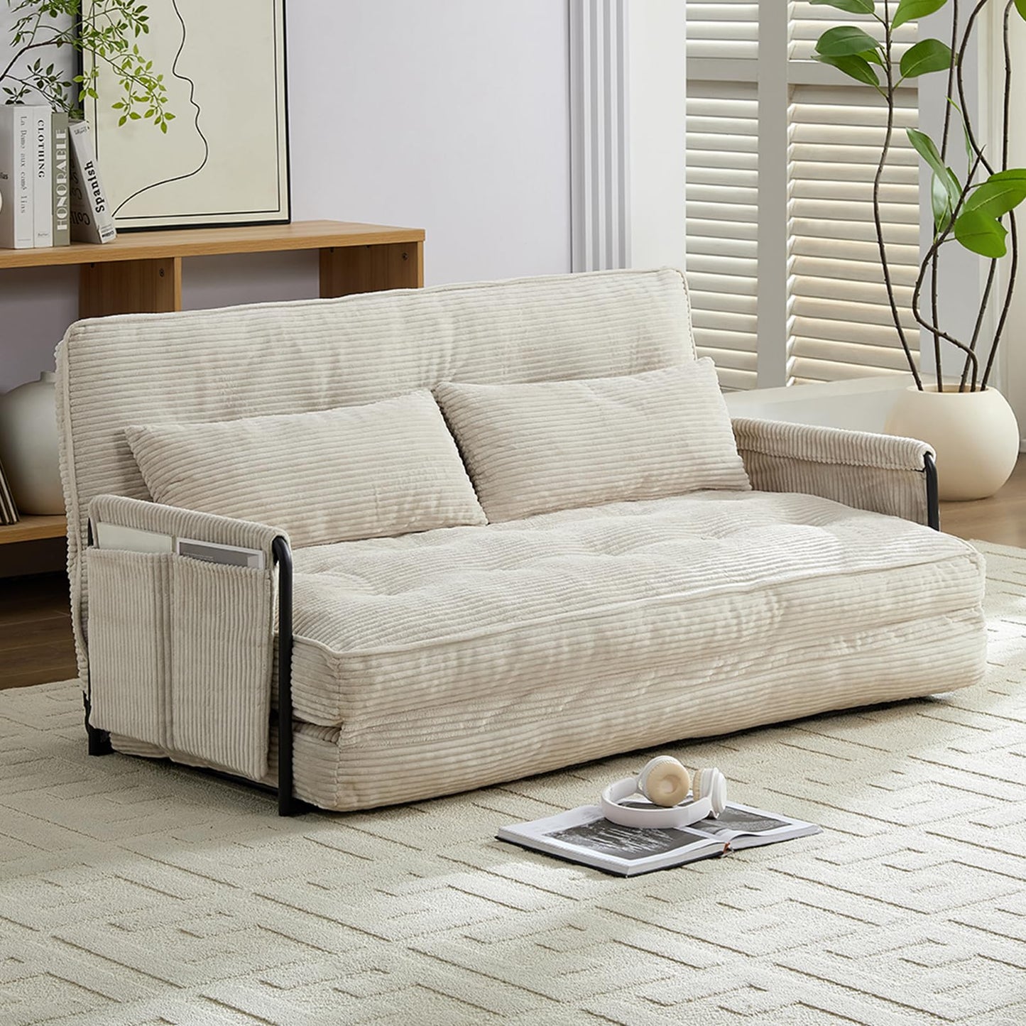 PUREMIND Adjustable Floor Sofa Couch with 2 Pillows, Convertible Pull Out Sofa Bed with Adjustable Backrest, Multi-Functional Lazy Armchair Sleeper Bed, Foldable Single Chairs for Living Room