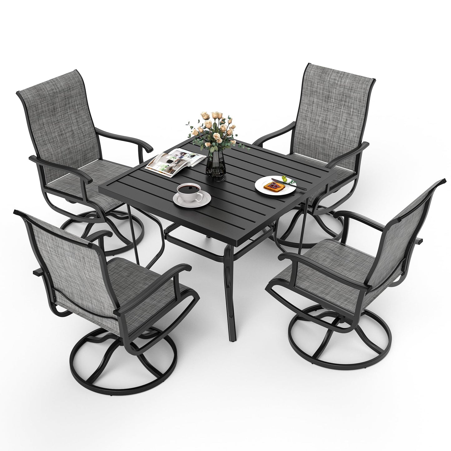 Pamapic 5-Piece Outdoor Dining Set, Patio Dining Set for 4, Outdoor Table and Chairs, All-Weather Outdoor Patio Set with Textilene Swivel Chairs for Garden, Poolside, Deck,Gray