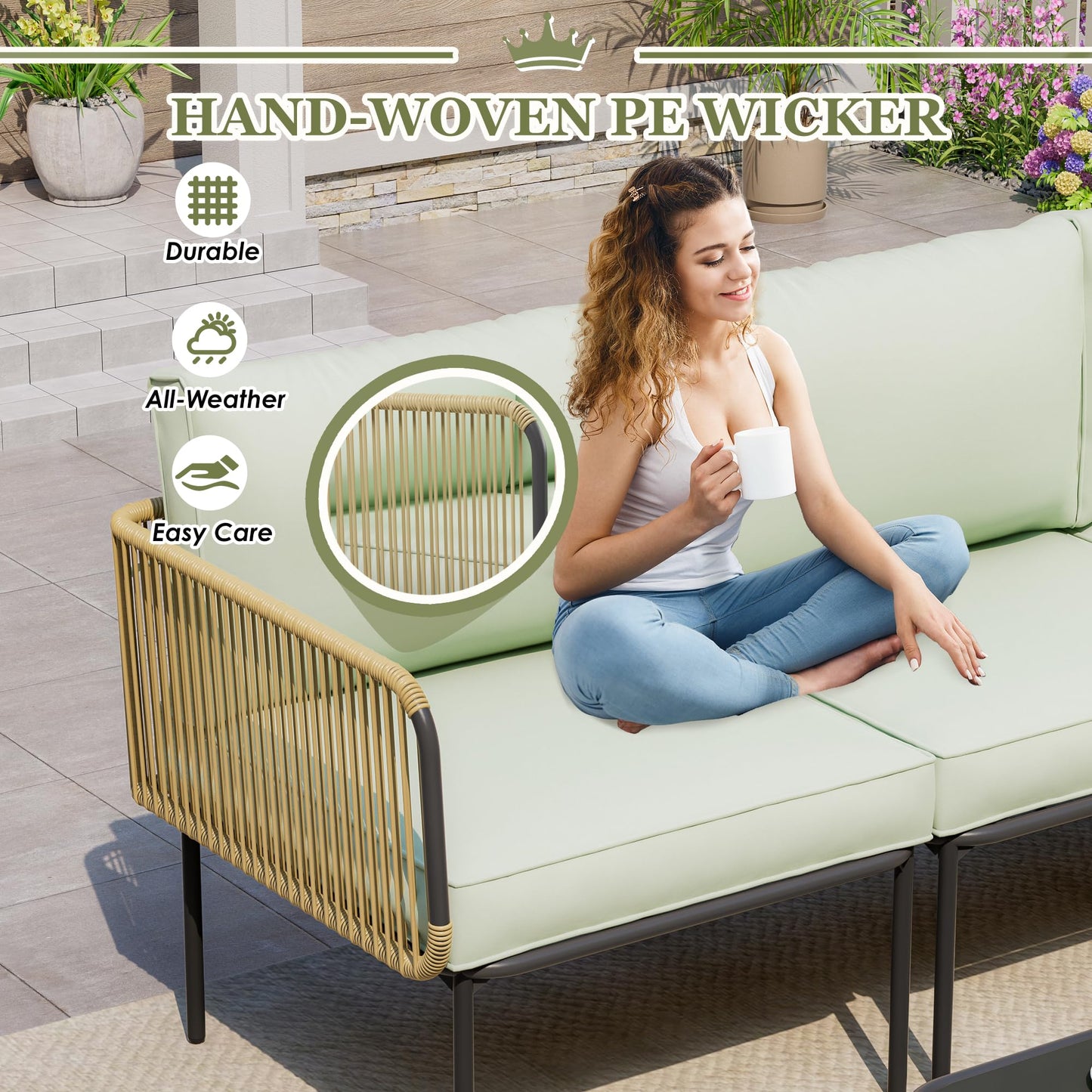 FKLUG Patio Furniture Set, 5 Piece Outdoor Patio L-Shaped Conversation Set with Cushions and Table, All-Weather Rattan Woven Sectional Sofa for Backyard, Porch, Boho Detachable Lounger (Green)
