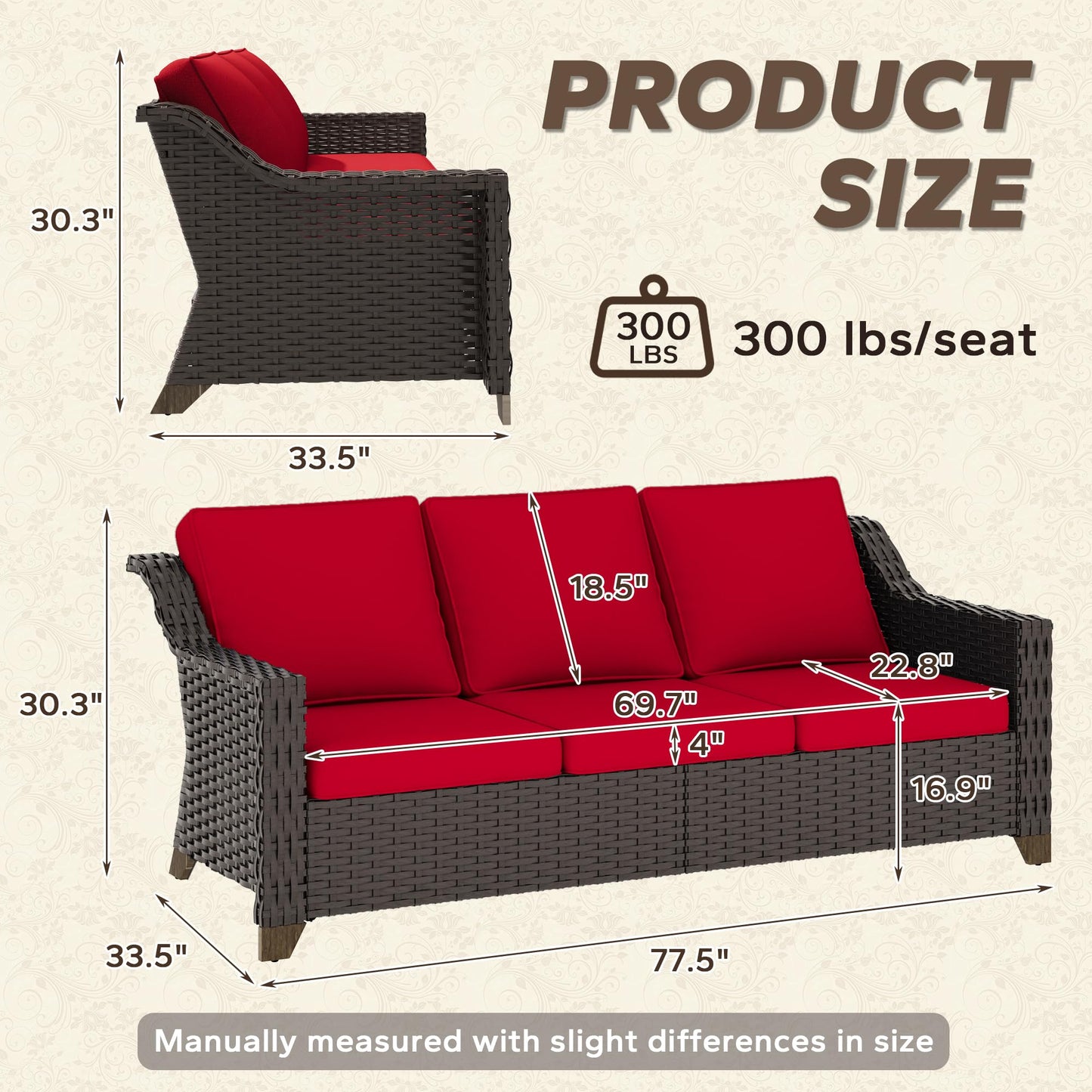 MeetLeisure 77'' Patio Sofa, All Weather Outdoor Rattan Wicker 3-Seat Sofa High Back Couch with Premium Cushions for Garden Backyard Porch(Brown/Red)
