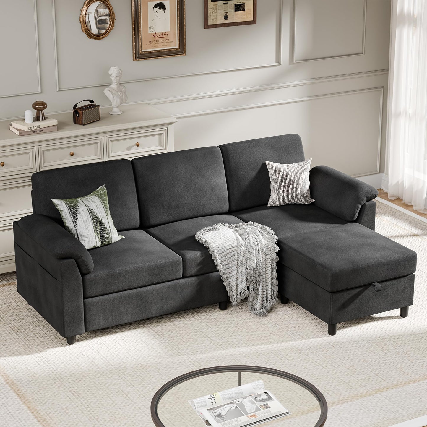 Meilocar Sectional Sofa Couch for Living Room, 79" Sectional Couches with Storage Ottoman, L Shaped Couch with Armrests Side Storage Pockage, 3-Seat Sofa Couches for Apartment, Black