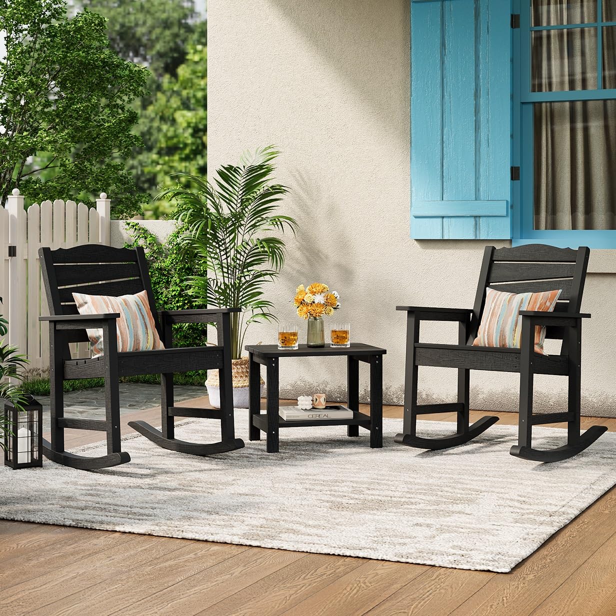 LAHAAP Patio Rocking Chairs Set of 2, Weatherproof HIPS Outdoor Rocking Chair for Adults, 400LBS Support Heavy Duty Porch Rocking Chairs for Garden, Lawn, Backyard, Outdoor and Indoor (Black)