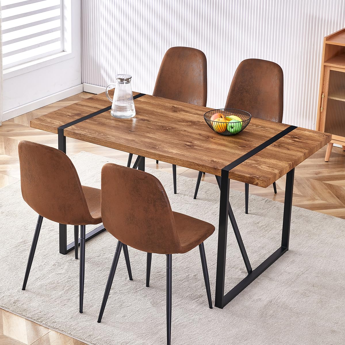 UELKS Dining Table Set for 4,Dinner Table Set for 4,55'' Kitchen Table and Suede Nap Fabic Chairs Set of 4, 5 Piece Dining Table Set for Kitchen Dining Room