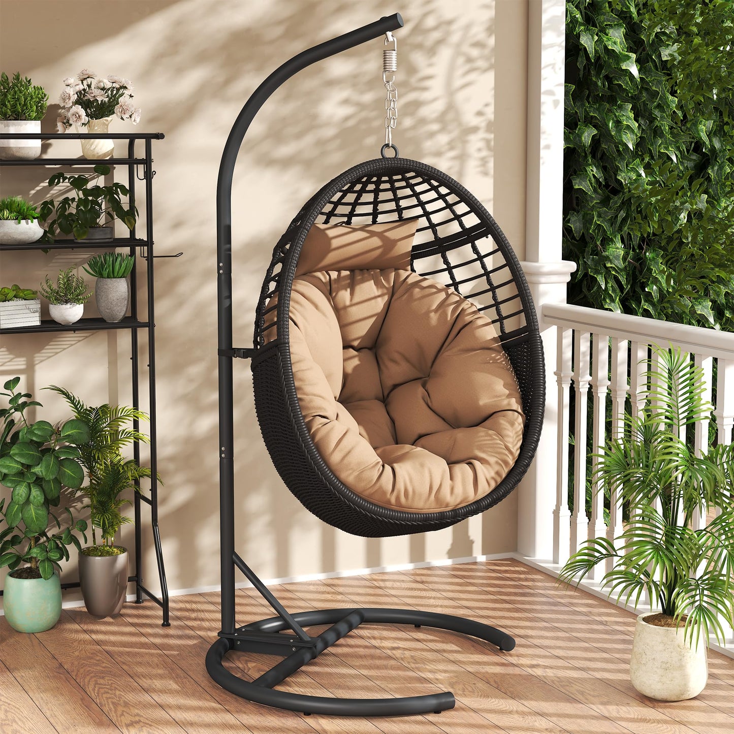 Erotr Egg Swing Hanging Chair with Stand, Outdoor Rattan Egg Hammock Chair with Cushion Pillow for Indoor Bedroom Patio Garden for 330lbs/150kg - Dark Brown