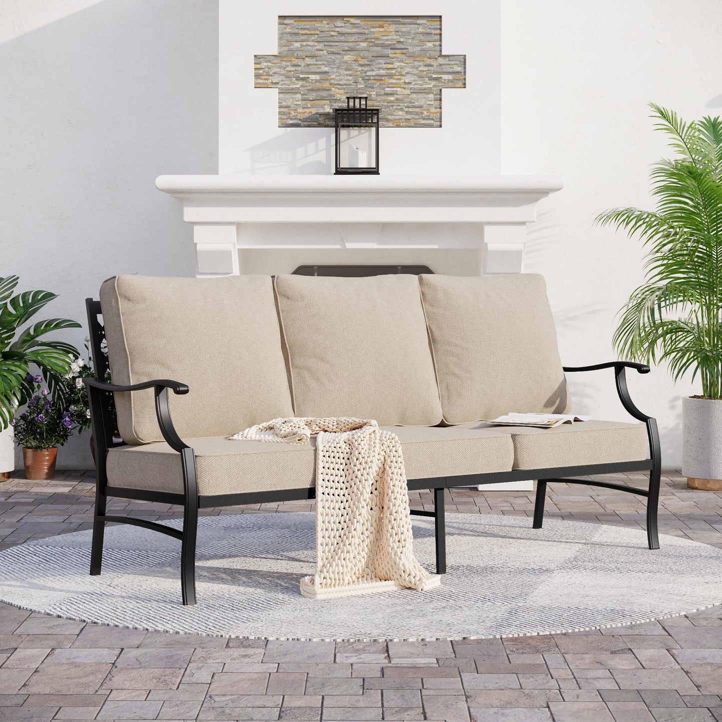 SUNSHINE VALLEY Metal Patio Furniture Sofa with 5.75" Super-Thick Waterproof Cushion, 3-Seater Deep Seating & High-Back Outdoor Couch for Patio Backyard Deck Front Porch
