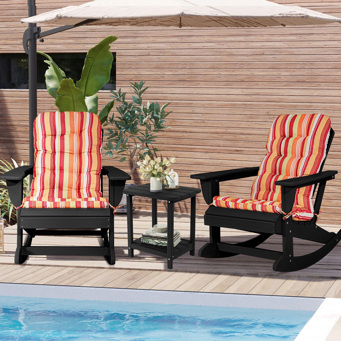 Sundale Outdoor Adirondack Rocking Chair with Cushion Set of 2, Patio Plastic All Weather HDPE Rocker for Proch, Water Resistant for Outside, Garden, Pool, Yard, Black