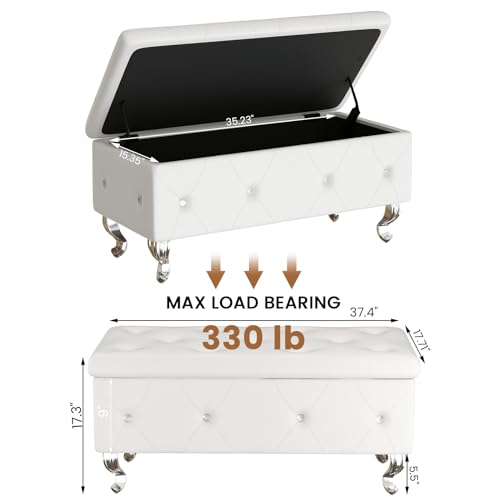 DKLGG Storage Ottoman Bench for Bedroom, Upholstered Entryway Bench with Legs & Safety Hinge, Small Storage Bench for Living Room/End of Bed/Entryway/Window, White
