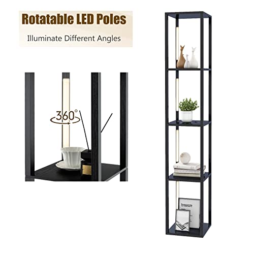 Dimmable Floor Lamp with 4 Wooden Shelves, 360° Rotatable LED Light, Tall Standing Reading for Bedroom, Living Room & Office Home Decor