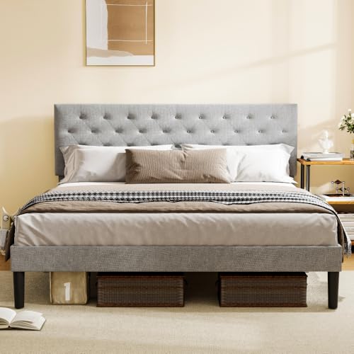 HOLISUN Simple Queen Size Grey Bed Frame, Adjustable Headboard