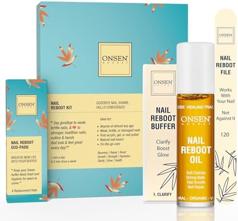 Onsen Secret Japanese Nail Reboot Cuticle Oil Kit | Buffer and Shine Kit w/ Professional File, 3-Way Buffer Block & Free Replacement Pads | Strengthening Combo for Healthy Nails, 1pk