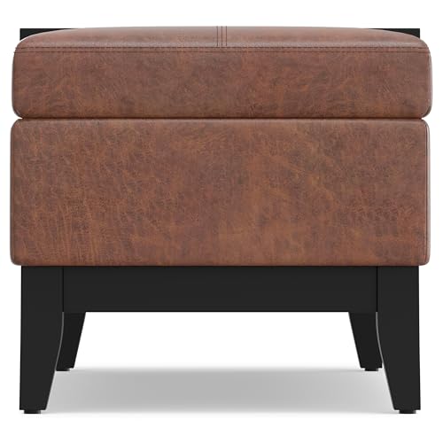 SIMPLIHOME Oregon 42 inch Wide Transitional Rectangle Storage Ottoman Bench with Tray in Distressed Saddle Brown Vegan Faux Leather, Assembled, For the Living Room, Entryway and Family Room