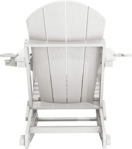 KINGYES Adirondack Rocking Chair with Retractable Ottoman and Cup Holders, HDPE Adirondack Rocker Patio Rocking Chair for Porch, Patio, Balcony, White