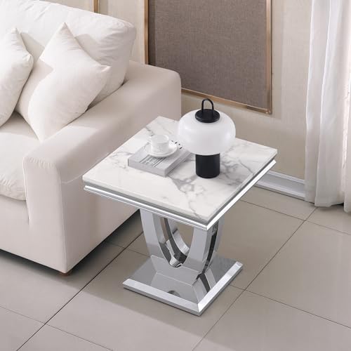 Marble End Table for Living Room, 22.8" Modern Suqare Sofa Side Table with Silver Stainless Steel U-Base, White Faux Marble Nightstand Bedside Tables Corner Tables for Bedroom, Home Office