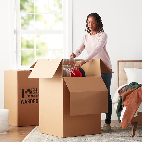 Amazon Basics Wardrobe Clothing Moving Boxes with Bar, 3 Pack, Brown, 20" x 20" x 34"
