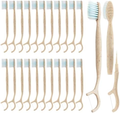Travel Toothbrush Dental Floss Picks - 4 in 1 Biodegradable Disposable Toothbrushes with Tongue Scraper, Eco-Friendly Individually Wrapped Toothbrush for Adult Kids Travel Oral Care, 40 Pack